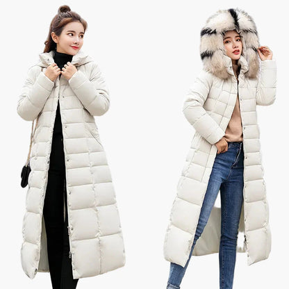 Manteau Doudoune Longue Femme Style Coréen avec Capuche et Col Fourrure - Hiver Élégant et Chaud