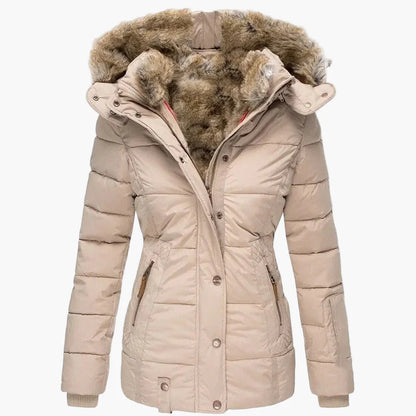 Manteau d'hiver femme à capuche style urbain élégant, coupe cintrée, col fourrure et fermeture zippée
