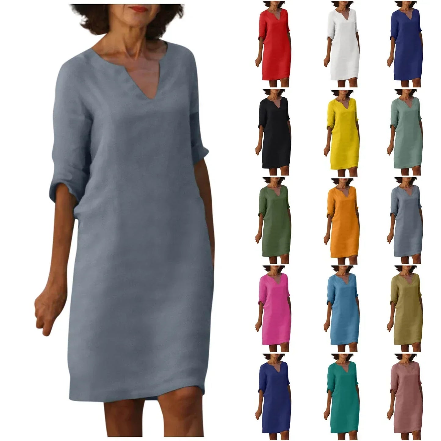Robe Printanière à Col V et Manches Trois-Quartiers