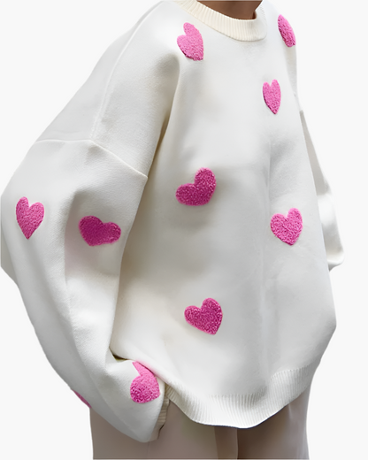 Sweat-shirt oversize femme style cocooning à motifs cœurs – Confort et tendance pour la maison ou la détente