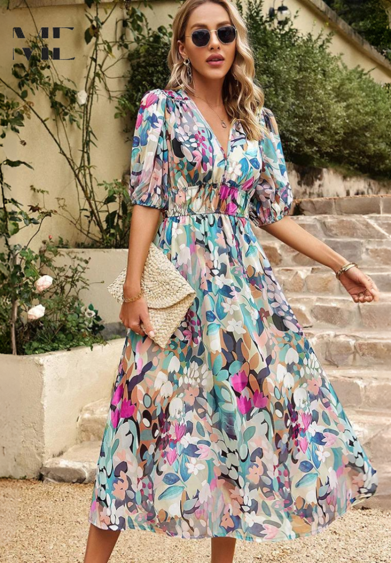 Abito midi fiorito elegante da donna – Stile bohémien raffinato per occasioni e uscite informali