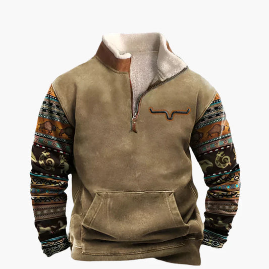 Pull polaire zippé style western pour homme – Sweat à motif ethnique manches longues, look décontracté et chaud