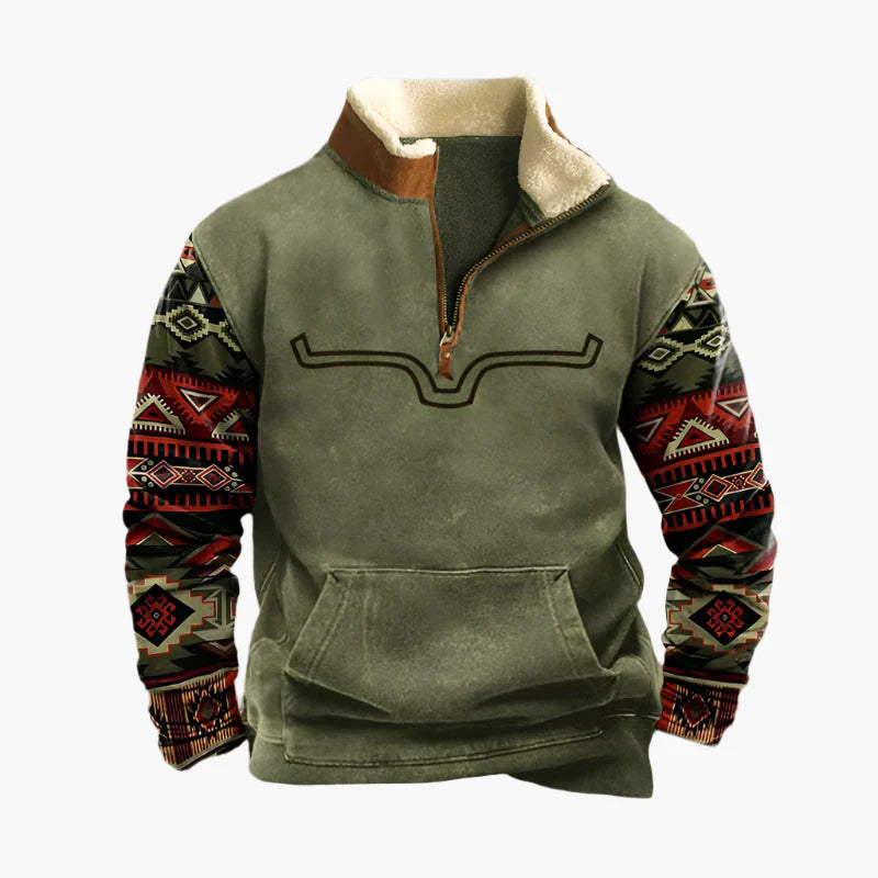 Pull polaire zippé style western pour homme – Sweat à motif ethnique manches longues, look décontracté et chaud