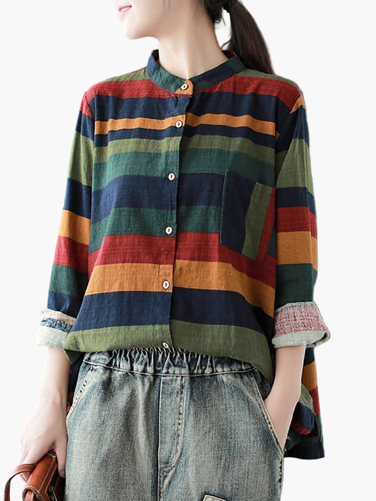 Chemise décontractée femme à rayures style oversize col mao pour le printemps