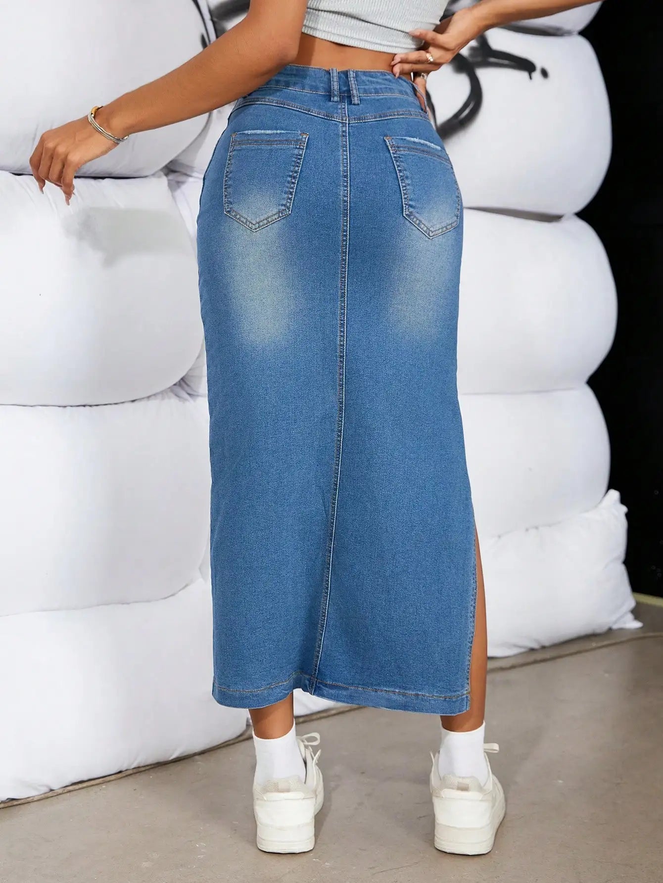Jupe en Denim Vintage Sexy à Taille Haute et Cuisse Fendue pour Femme