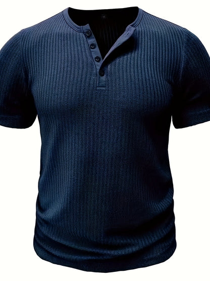 T-shirt casual a maniche corte da uomo stile Henley con bottoni a righe
