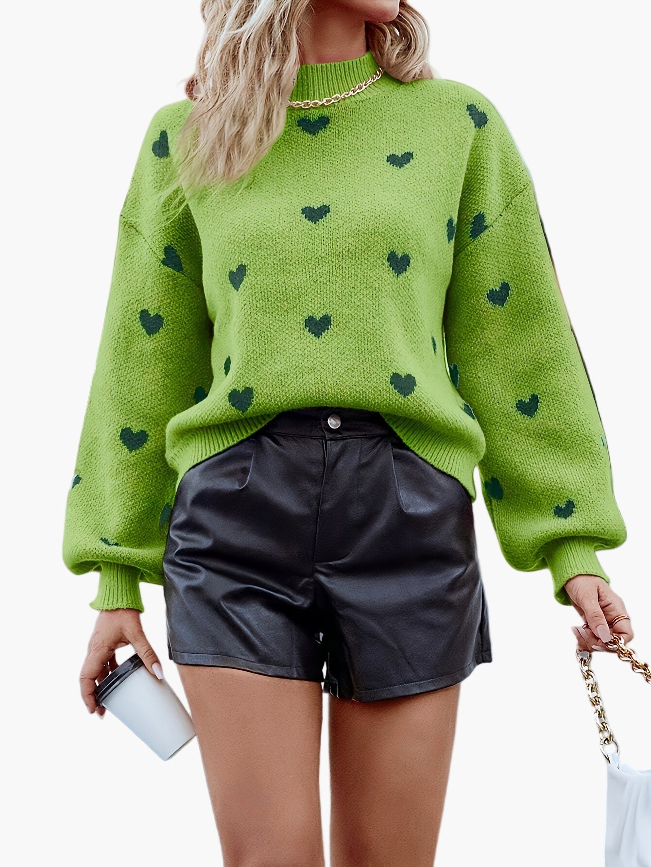 Pull décontracté à motif cœur pour femme, style automne-hiver, col montant tendance