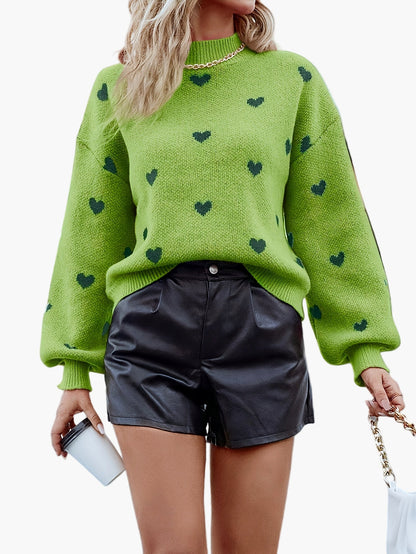 Pull décontracté à motif cœur pour femme, style automne-hiver, col montant tendance