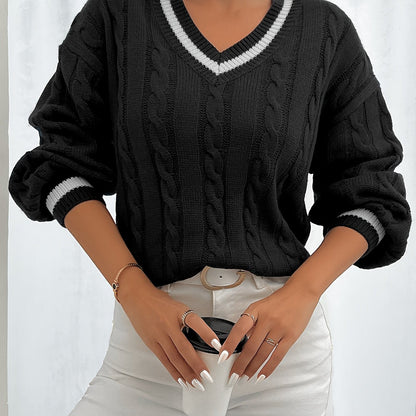 Pull élégant à torsades col V femme style universitaire automne hiver