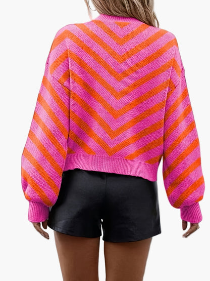 Pull élégant à rayures chevrons pour femme, style automne/hiver, manches longues, coupe décontractée