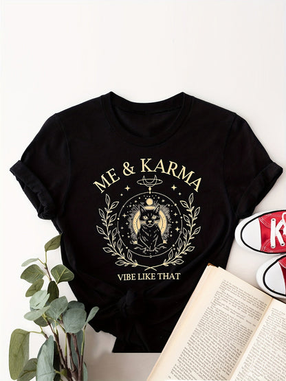 Women's vintage style T-shirt with mystical cat print "Me & Karma" – perfect for free spirits and a casual look