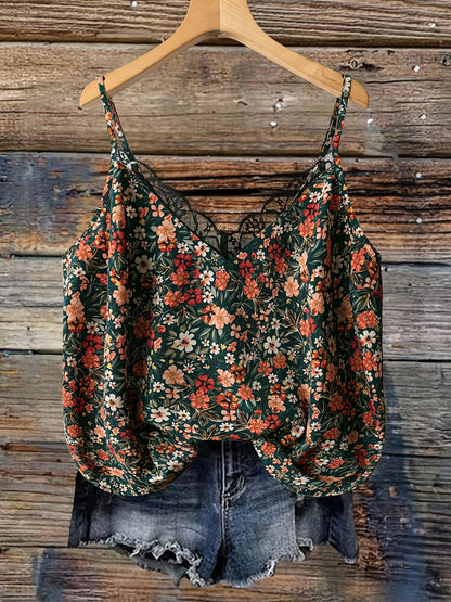 Top donna con spalline sottili, stile bohémien floreale, ideale per estate e vacanze