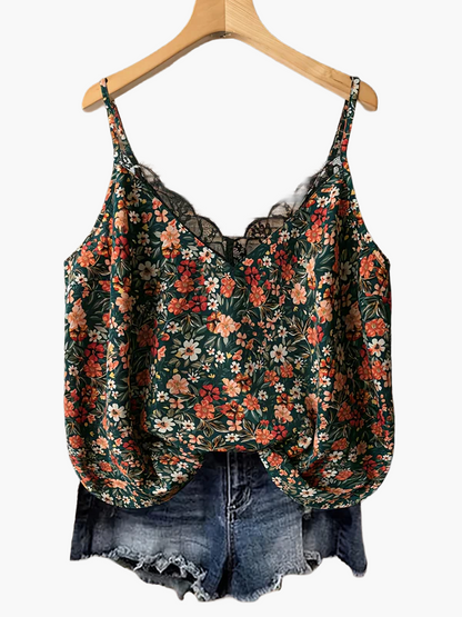 Top donna con spalline sottili, stile bohémien floreale, ideale per estate e vacanze