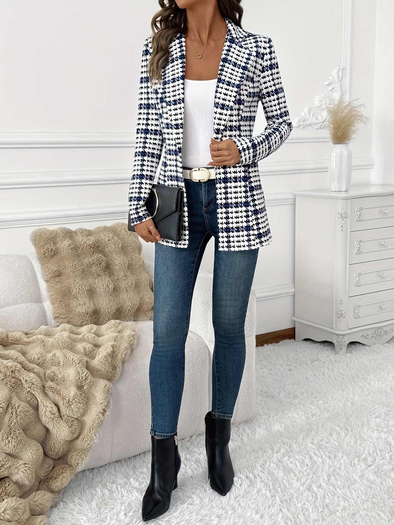 Elegante damesblazer met ruitpatroon in kantoorstijl voor de lente