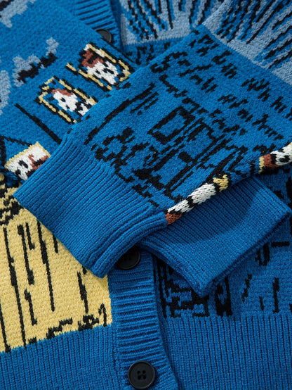 Cardigan décontracté homme style artistique avec motif portrait et paysage