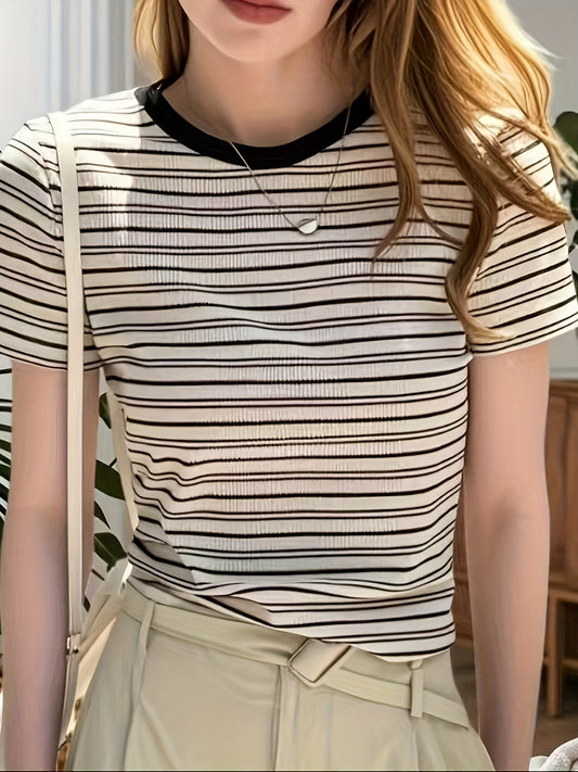 T-shirt rayé chic pour femme à col rond – Style élégant, idéal pour l’été