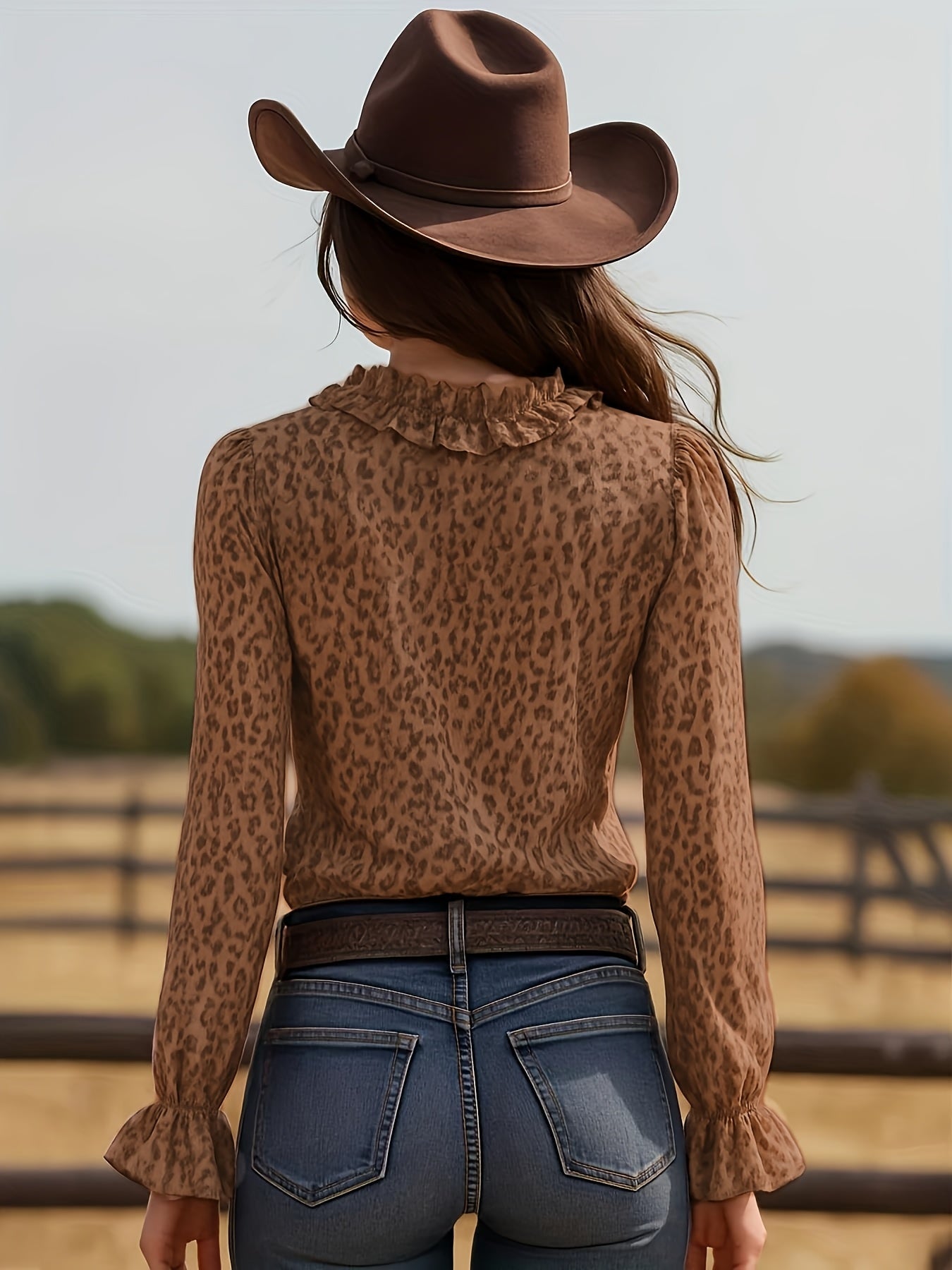 Camicia Donna Elegante con Volant Stampa Leopardo Stile Romantico per Uscite e Serate