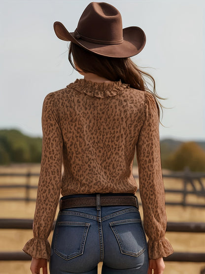 Camicia Donna Elegante con Volant Stampa Leopardo Stile Romantico per Uscite e Serate