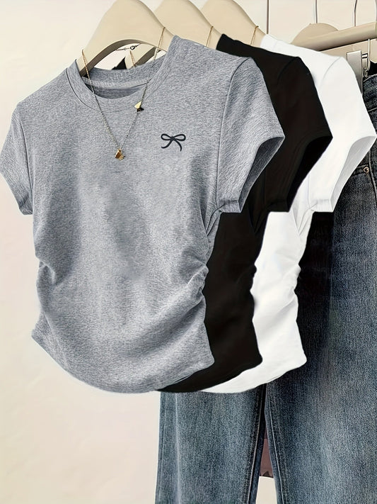 T-shirt femme casual chic à manches courtes avec nœud brodé, style élégant pour usage quotidien