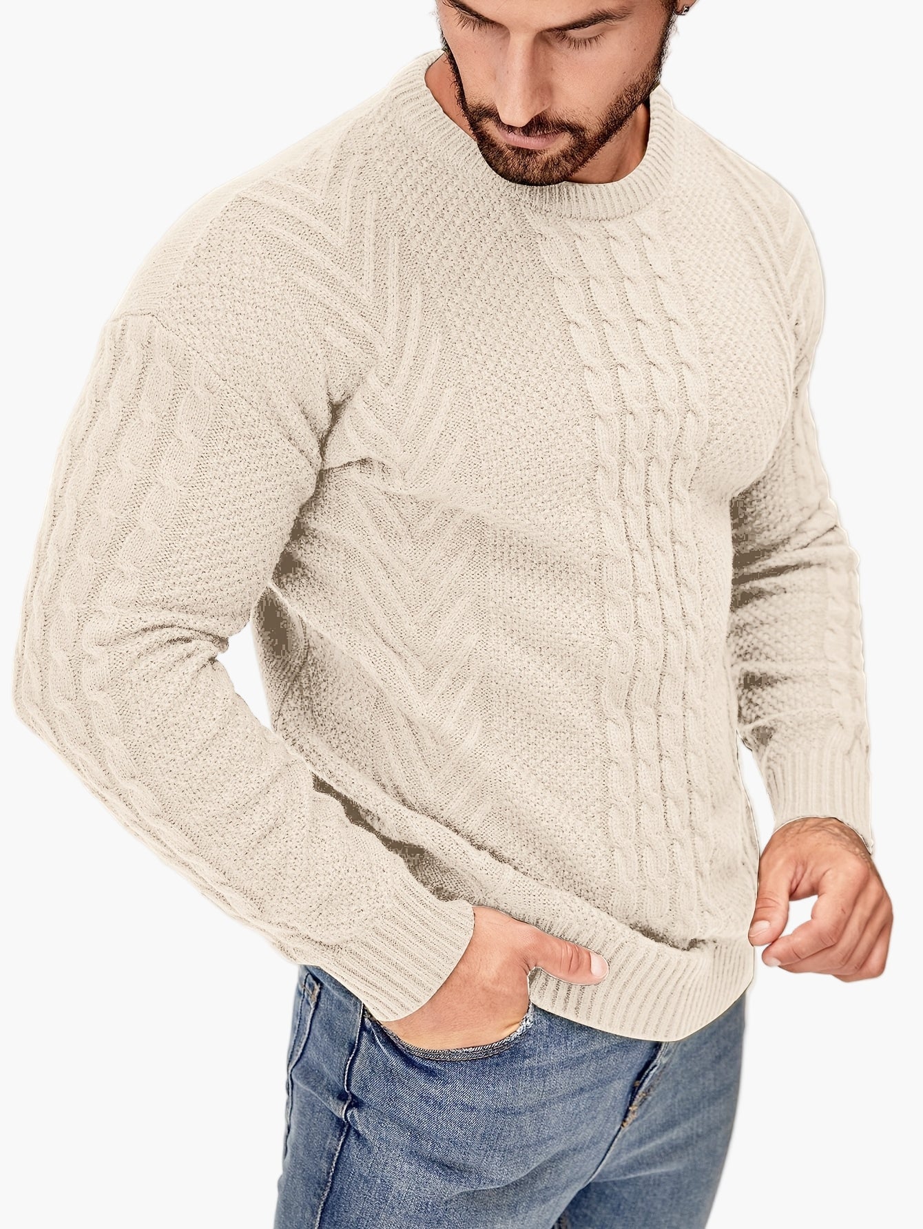 Pull torsadé pour homme style décontracté urbain – Manches longues, chic automne/hiver