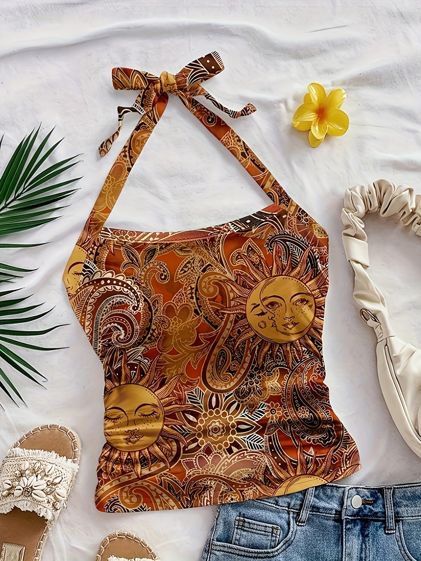 Haut dos nu femme style vintage bohème imprimé soleil et lune pour été