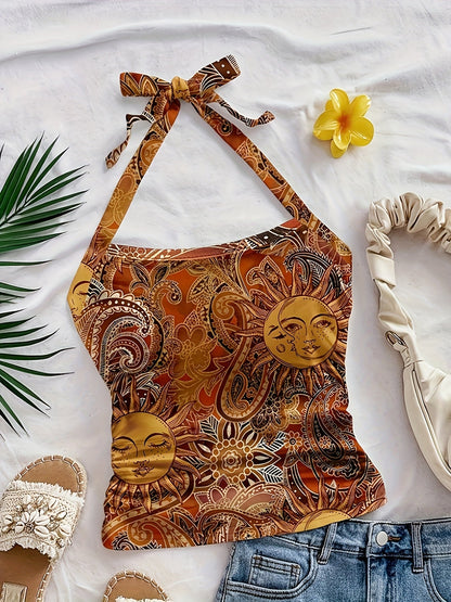 Haut dos nu femme style vintage bohème imprimé soleil et lune pour été