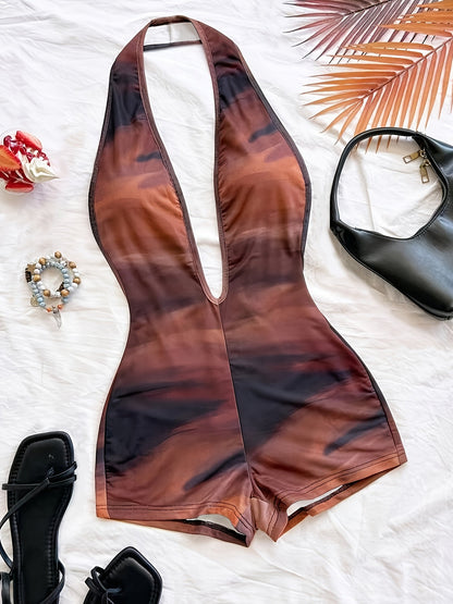 Tuta corta intera donna stile animalier, scollatura profonda, tendenza estate, ideale per spiaggia e vacanze