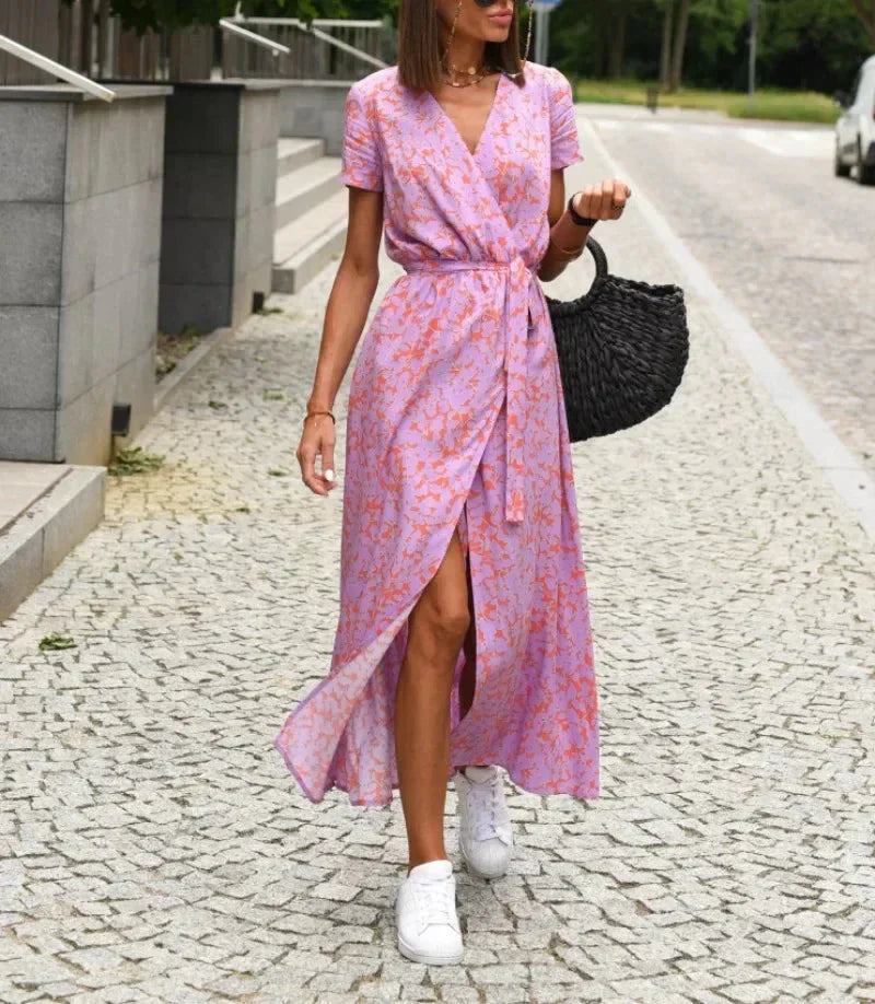 Tilda™ - Robe Midi à Col en V, Imprimé Floral et Manches Courtes