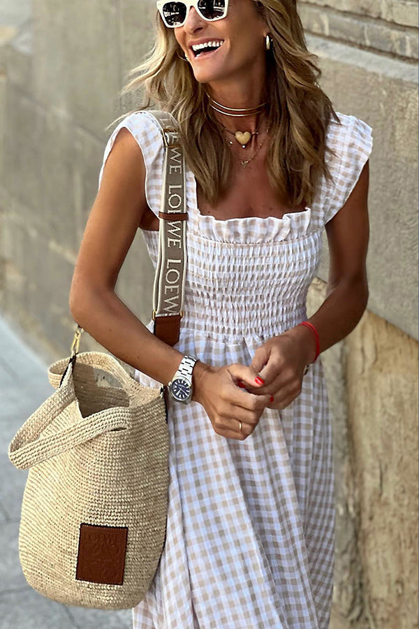 Robe Longue à Buste Smocké Multi Plaid