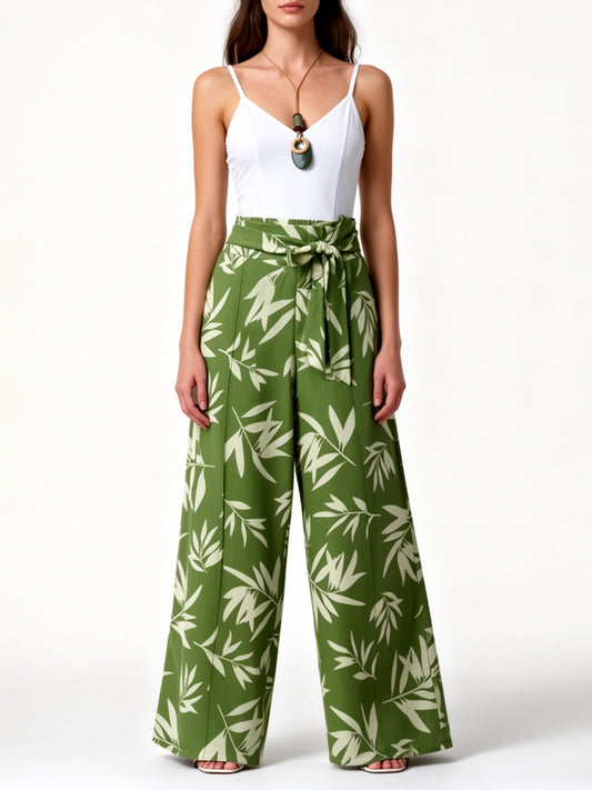 Wide-leg women's pants with elegant foliage print for spring and summer