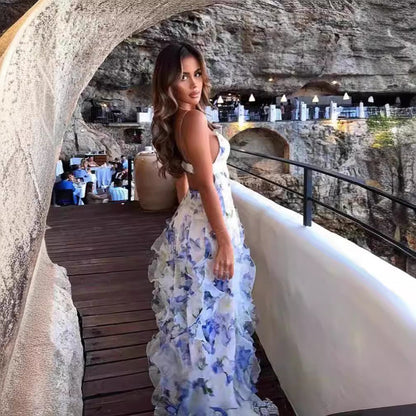 Robe longue femme style féérique élégante à imprimé floral pour soirées et événements
