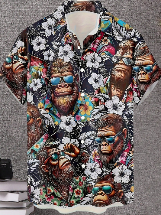 Men's Hawaiian Shirt with Tropical Gorilla Print, Casual Summer Style