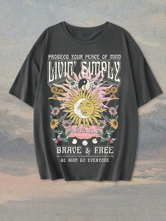 T-shirt femme style bohème graphique « Live Simply » imprimé soleil et lune, manche courte, casual