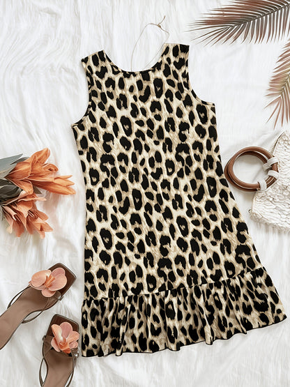 Sommerkjole til kvinder i afslappet stil med leopardprint, ærmeløs, ideel til stranden eller udflugter