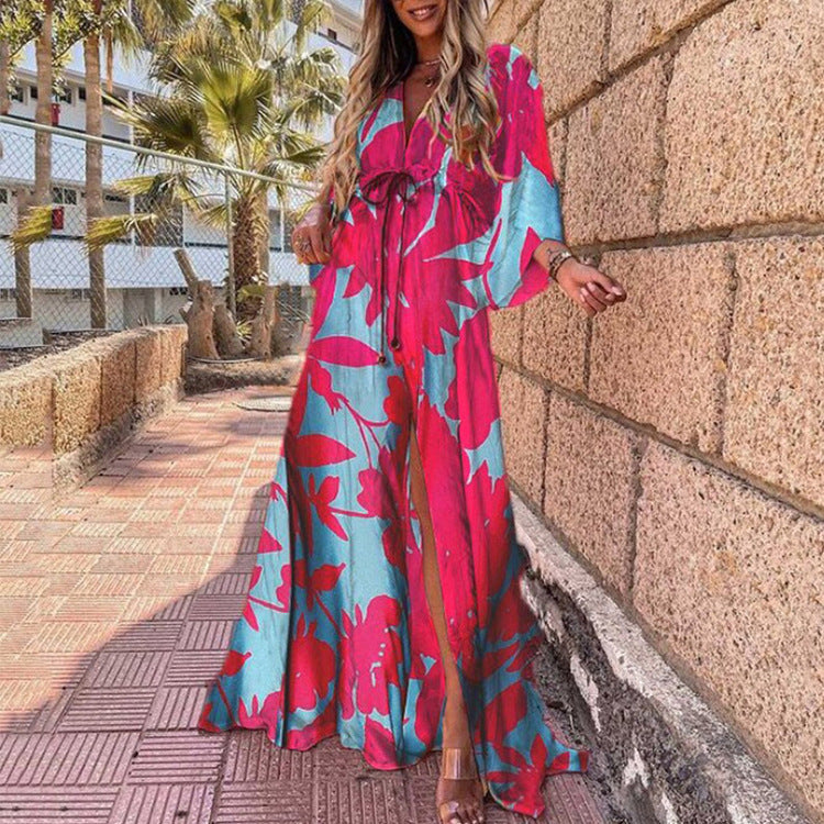 Joanne – Robe longue de plage à décolleté en V sexy et à fente irrégulière