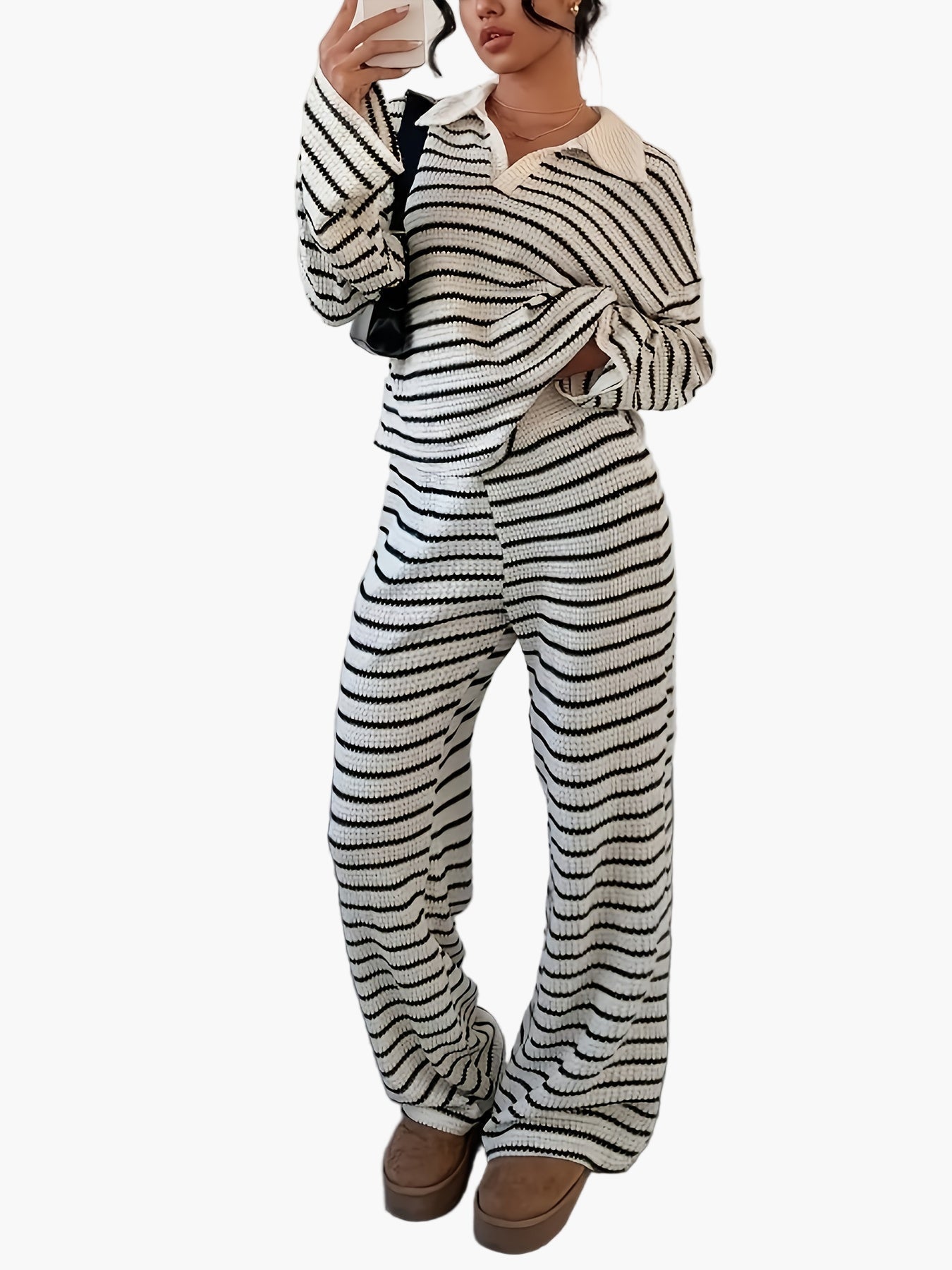 Ensemble Femme Élégant Pull Loose à Rayures et Pantalon Large Style Décontracté Automne-Hiver