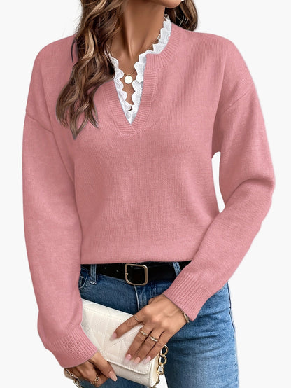 Pull élégant femme col V avec détail dentelle, manches longues, coupe ample, style casual chic pour automne/hiver