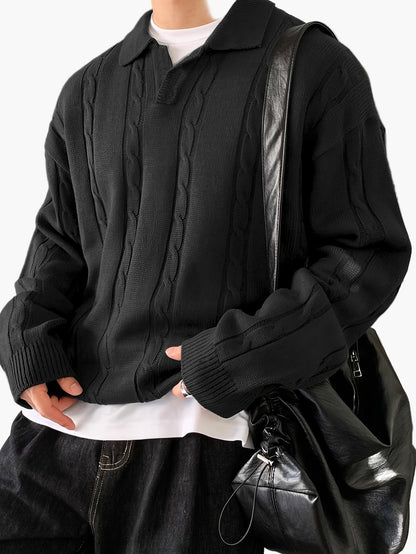 Pull polo décontracté homme style torsadé manches longues pour loisirs et sorties
