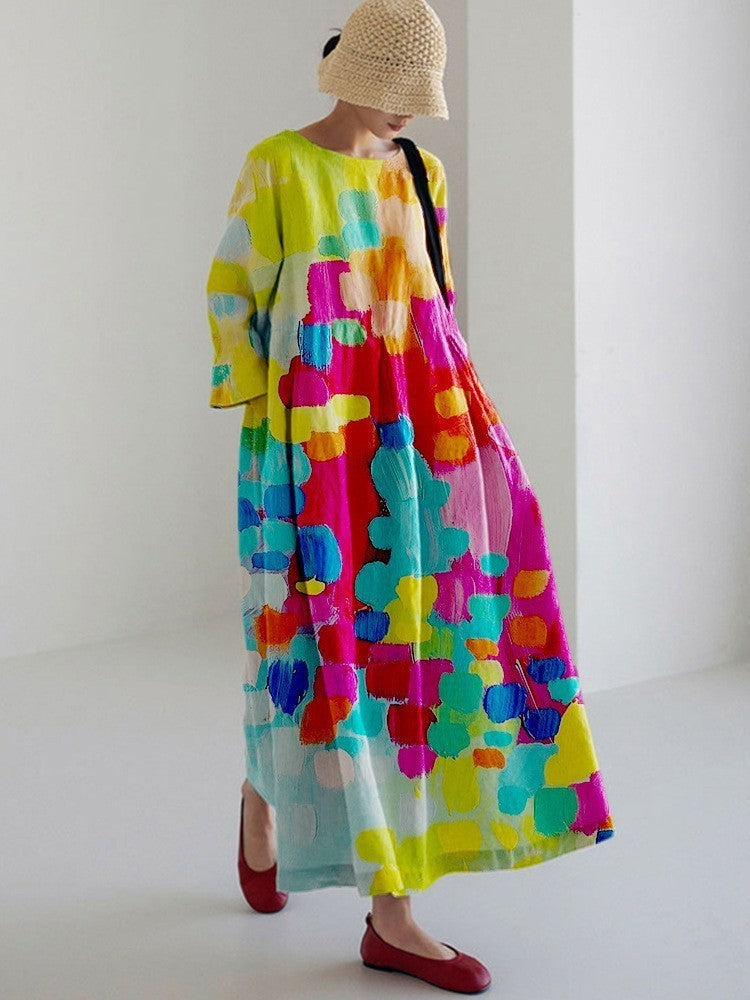 Robe longue décontractée femme style artistique bohème à motif floral – idéale été, vacances, ville
