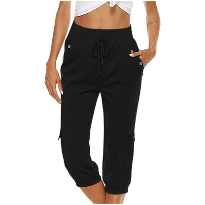 Katie – Pantalon Raccourci en Lin Coton avec Poches Cargo