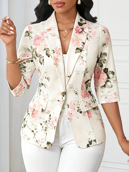 Elegant dameblazer med blomsterprint, forårs- og efterårsstil, trekvartærmer, ideel til kontor og udflugter