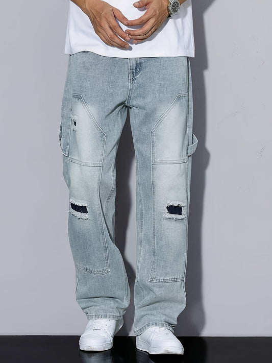 Jean cargo décontracté pour homme à coupe large et détails usés - Style urbain tendance