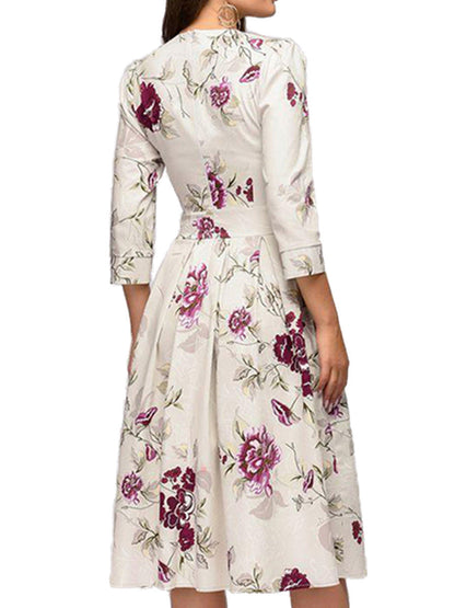 Robe femme élégante à fleurs style rétro mi-longue pour occasions spéciales