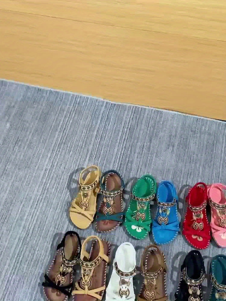 Women's Bohemian Slip-On Sandals with Ornaments and Ankle Strap - Casual Chic Style