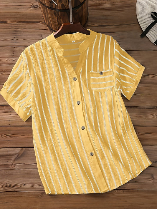 Chemise décontractée pour femme à manches courtes style boutonné col mao chic