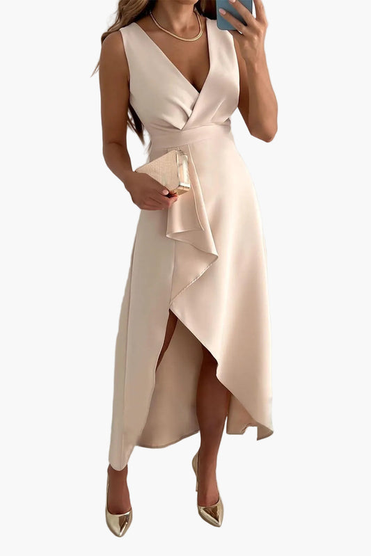 Elegant Women's Ceremony Dress Asymmetric Wrap Style V-Neckline