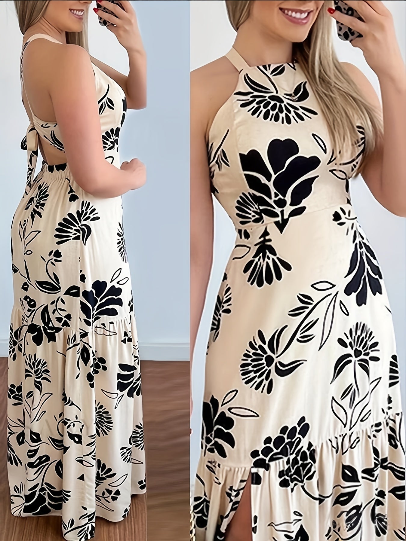 Elegant lang kjole med blomsterprint til kvinder, strandstil, åben ryg, slids, forår/sommer