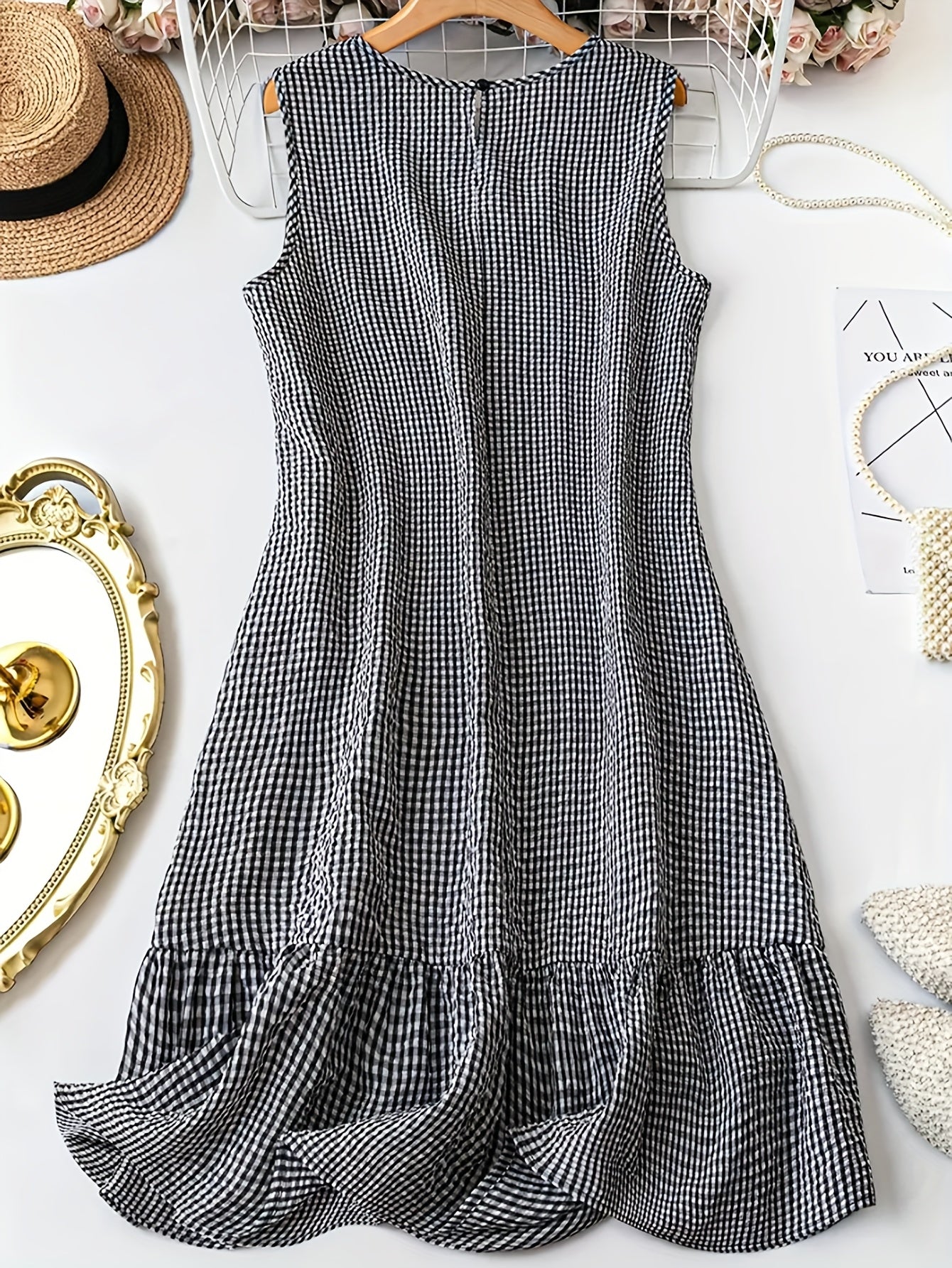 Robe décontractée sans manches à carreaux vichy pour femme, style rétro chic et quotidien