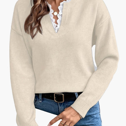 Pull élégant femme col V avec détail dentelle, manches longues, coupe ample, style casual chic pour automne/hiver