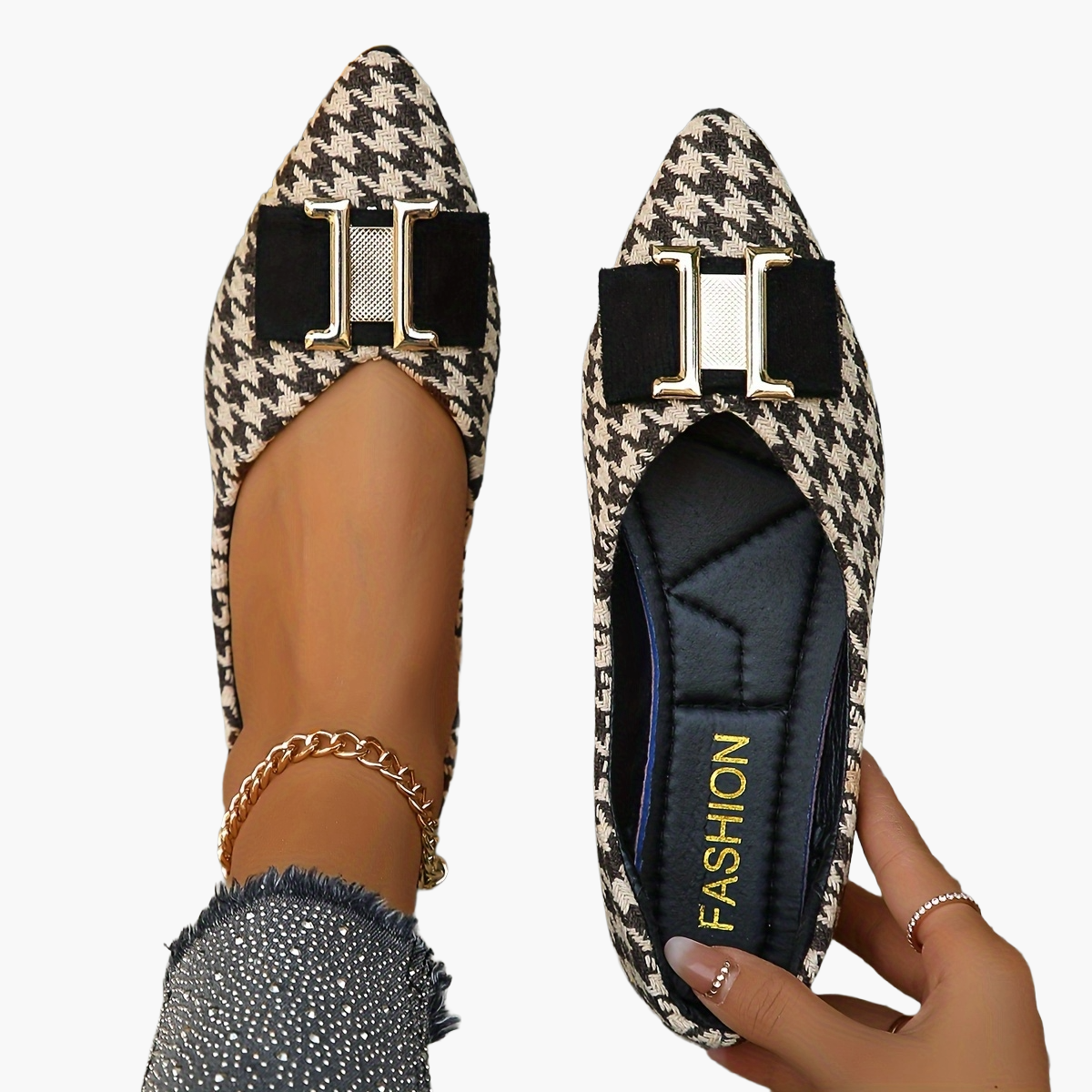 Baleriny damskie w modny wzór pepitki, eleganckie i stylowe na co dzień
